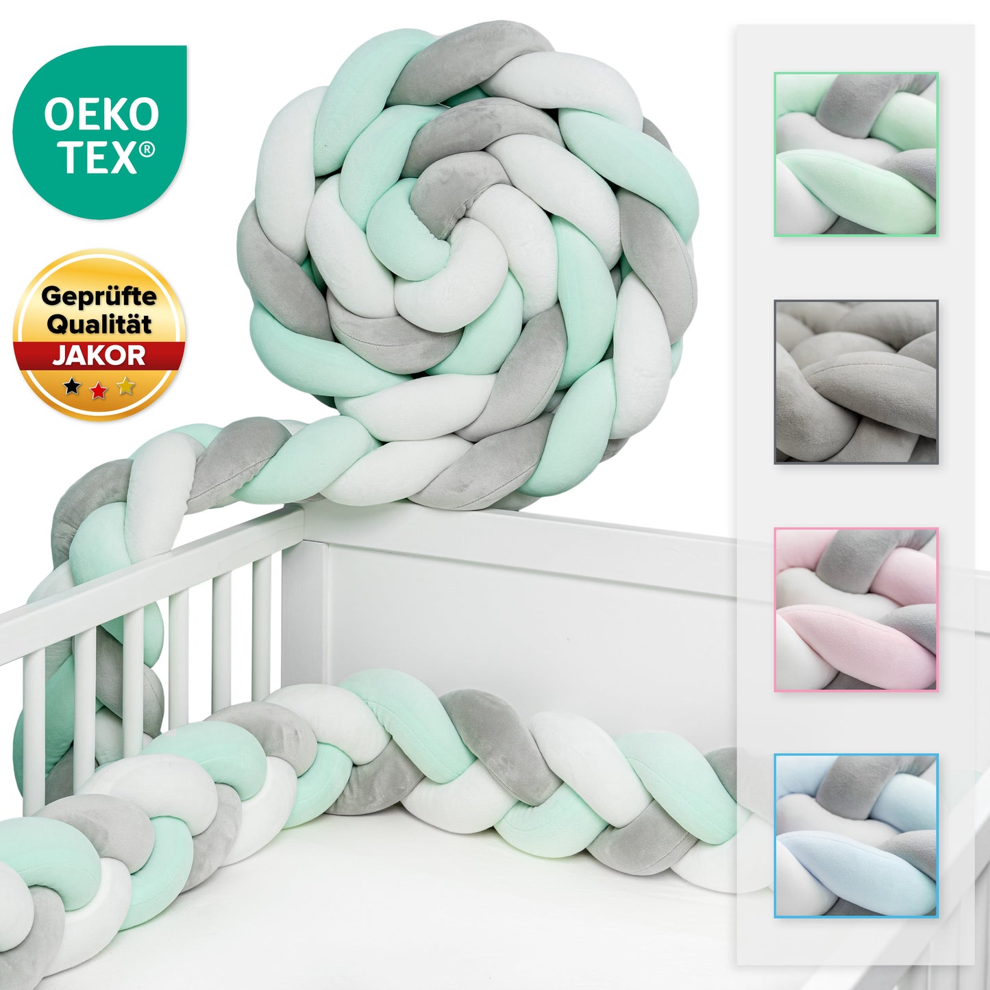 JAKOR® YOKI - geflochtene Babybettumrandung inkl. Tasche, Wäschenetz & Befestigungsbändchen | ÖKO TEX Qualität | perfekt als Babygeschenk geeignet